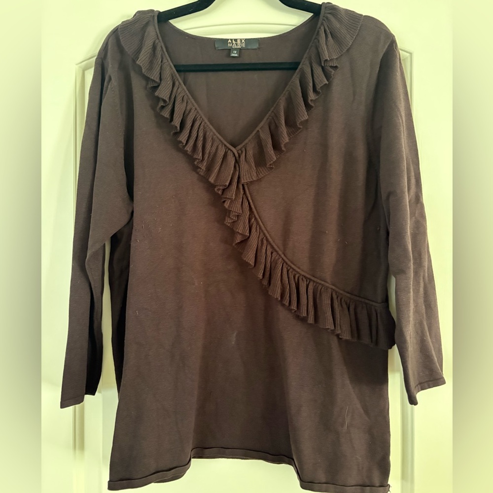 Alex Marie Women Dark Brown Ruffle Sweater Size 1X